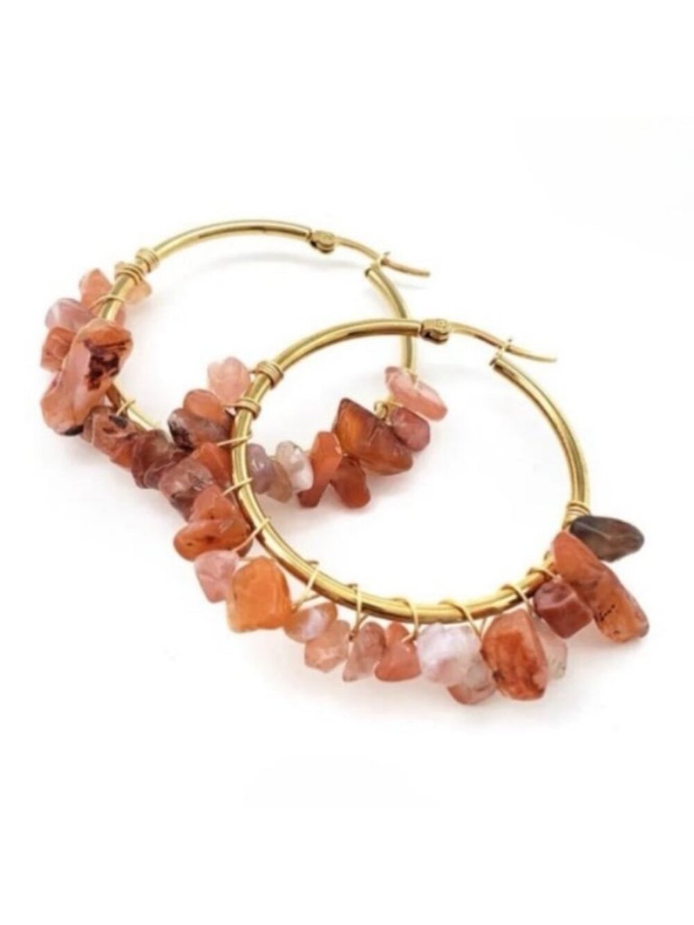 18k Gold Plated Natural Red Agate Stone Hoop Earrings